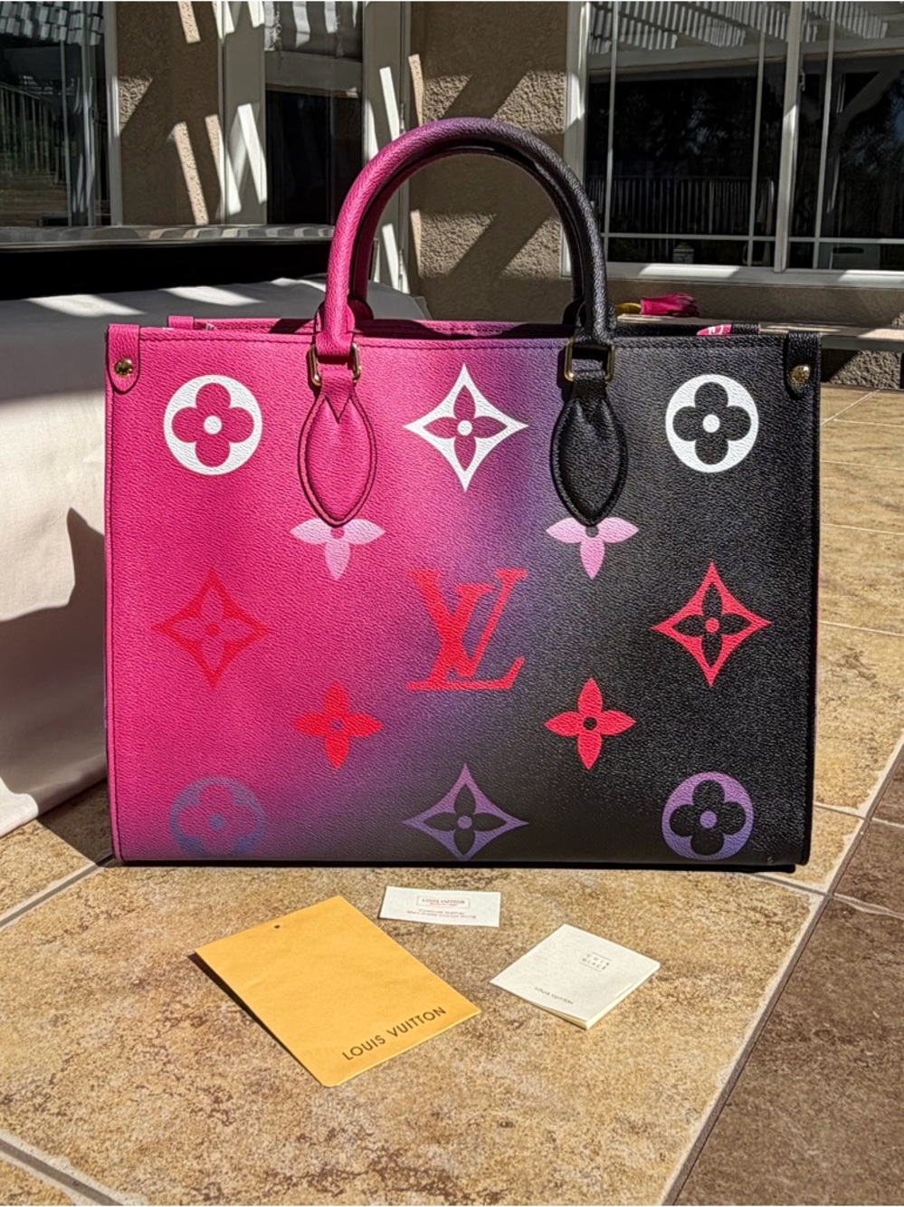 LV PRINT Large GM Size Onthego Pink and Black Monogram Tote On The Go Purse